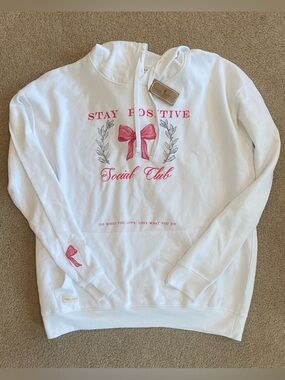 NWT Simply Southern Stay Positive Social Club White LS Embroidered Hoodie Sz XL